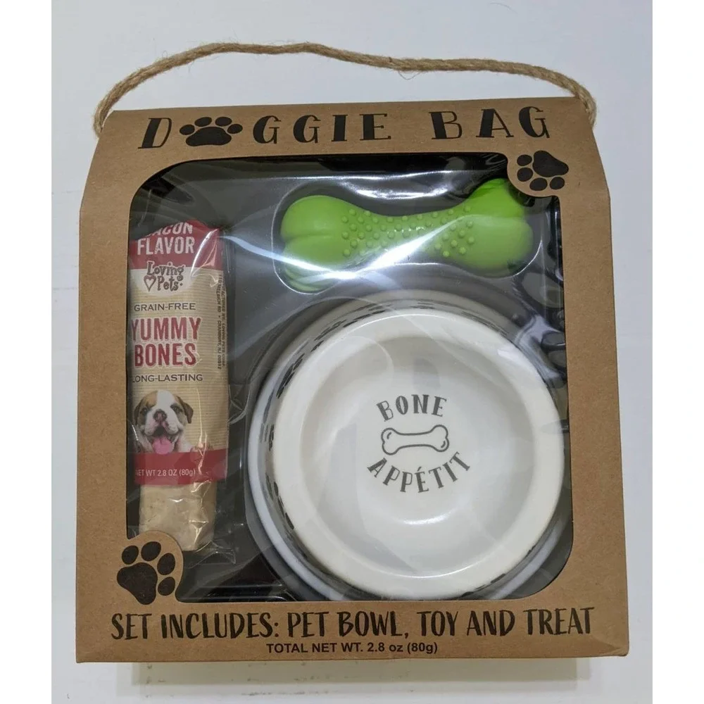 4/$20 - New Doggie Bag gift set bowl toy bone appetit - NO TREAT, EXP, REMOVED